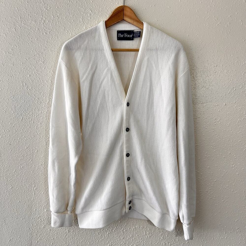 Par Four Vintage White Acrylic Tight-Knit Button Cardigan Sweater Men’s L